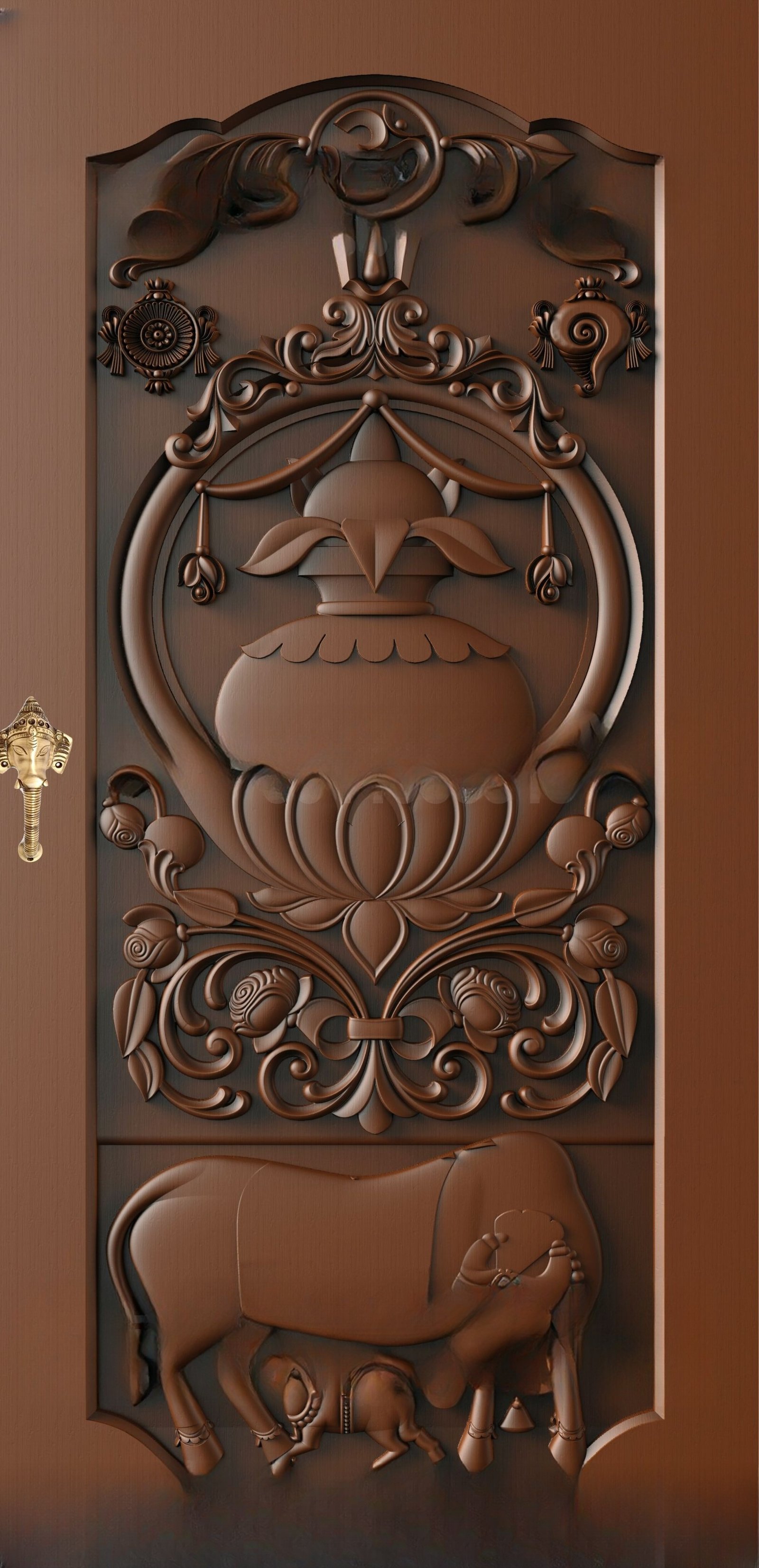God Doors - GD-09 Traditional Kalash and Kamdhenu Cow Sacred 3D Relief Door Design